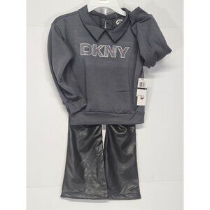 DKNY‎ Girls S- 5 2Pc Outfit, Sparkling Stone Logo Sweatshirt, Black Flared Pants